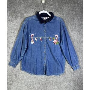 Vintage Nut Cracker Blue Denim Button Up Shirt Womens‎ XL Christmas Embroidery